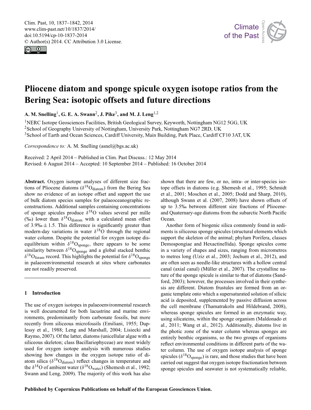 Pliocene Diatom and Sponge Spicule Oxygen Isotope Ratios from the Bering Sea: Isotopic Offsets and Future Directions