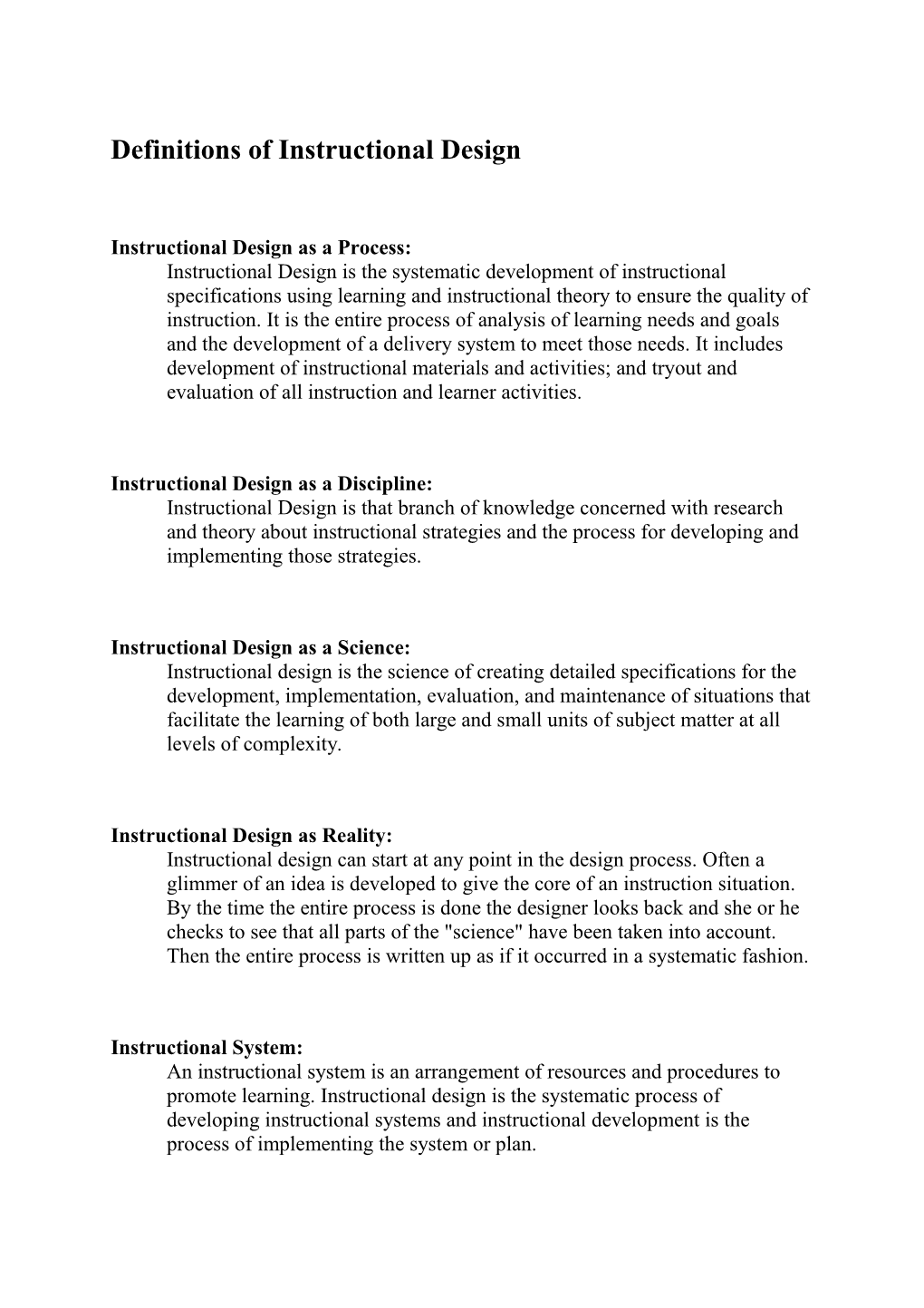 Definitions of Instructional Design