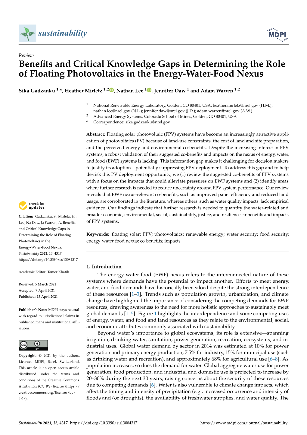 Benefits and Critical Knowledge Gaps in Determining the Role of Floating Photovoltaics in the Energy-Water-Food Nexus