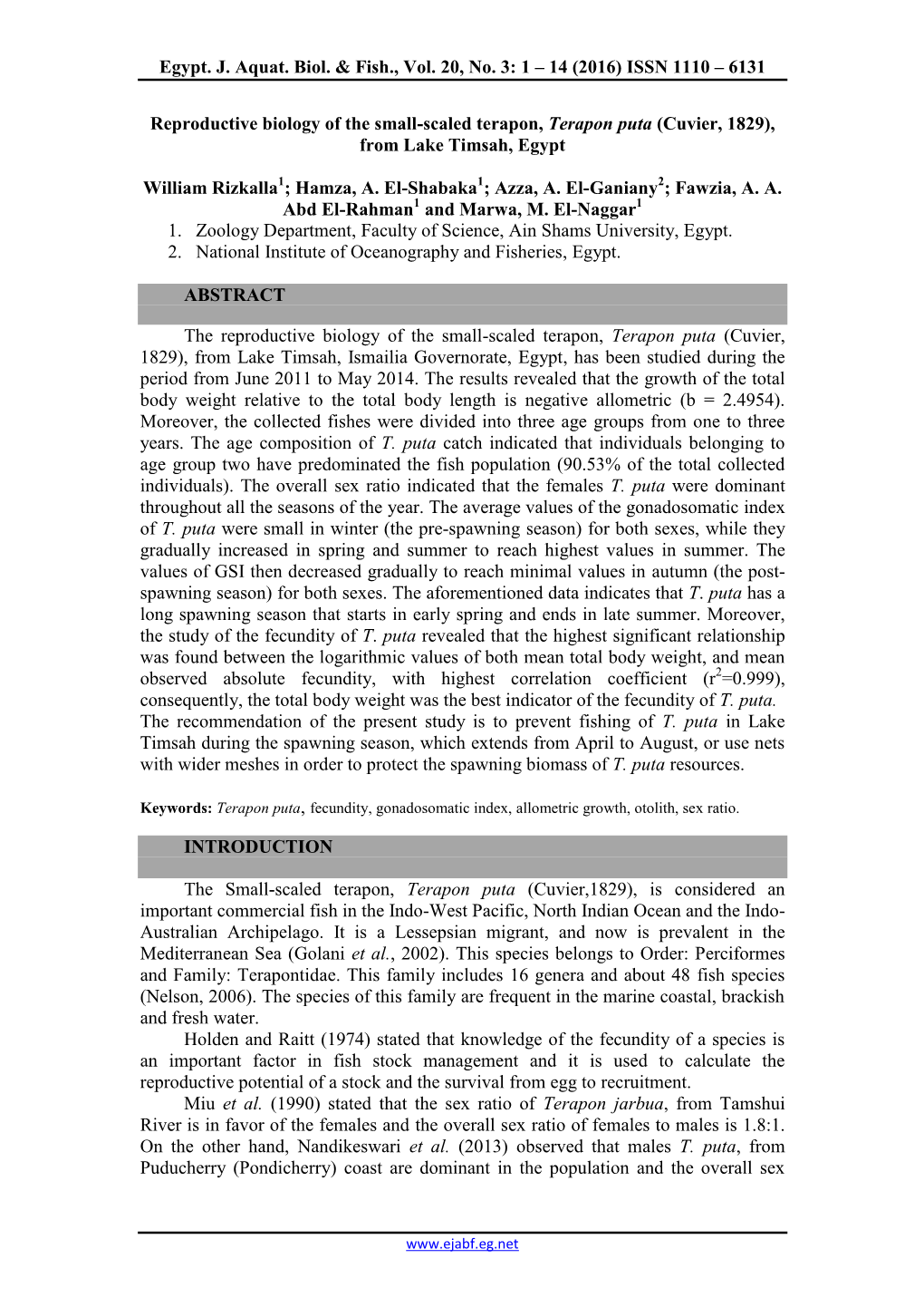 Reproductive Biology of the Small-Scaled Terapon, Terapon Puta (Cuvier, 1829), from Lake Timsah, Egypt