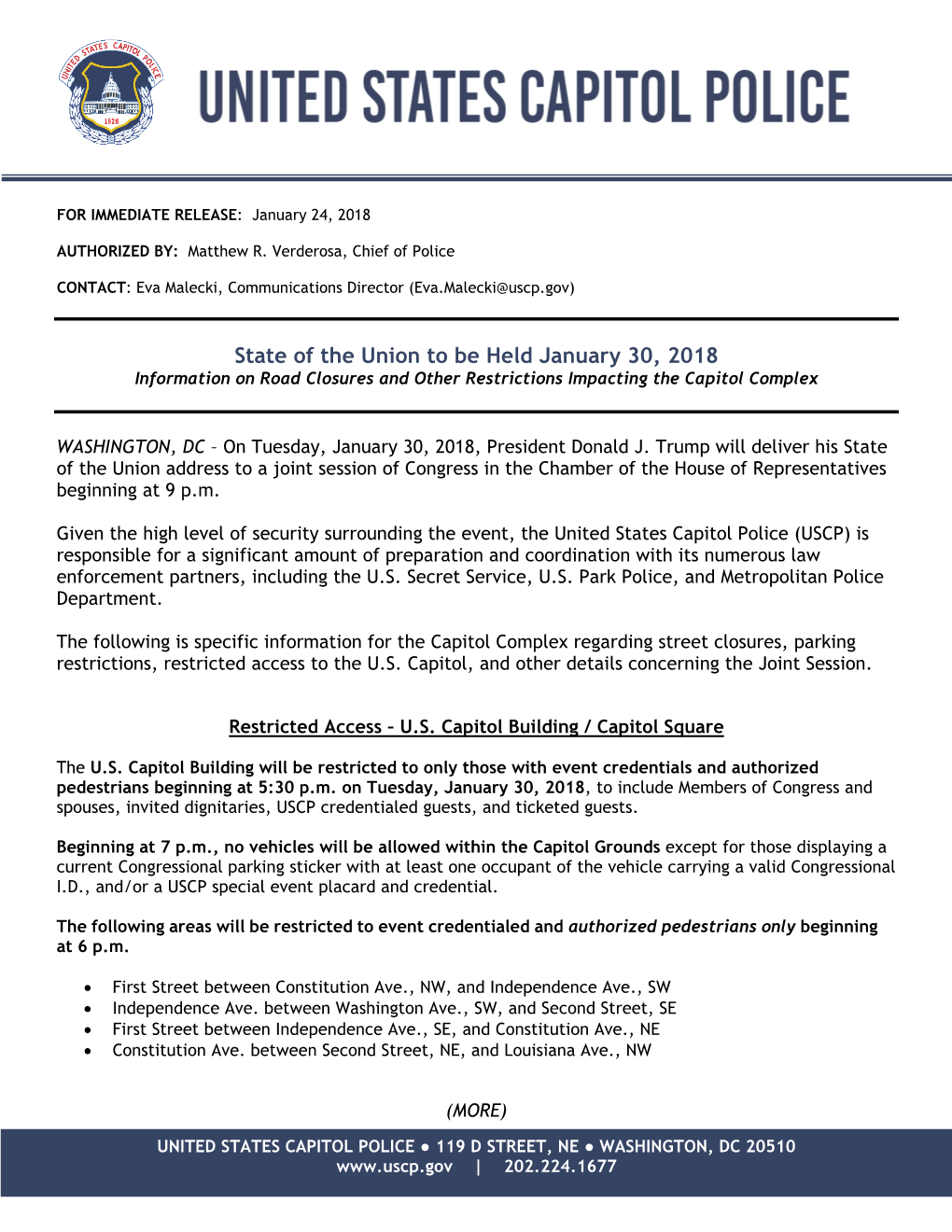 State of the Union to Be Held January 30, 2018 Information on Road Closures and Other Restrictions Impacting the Capitol Complex