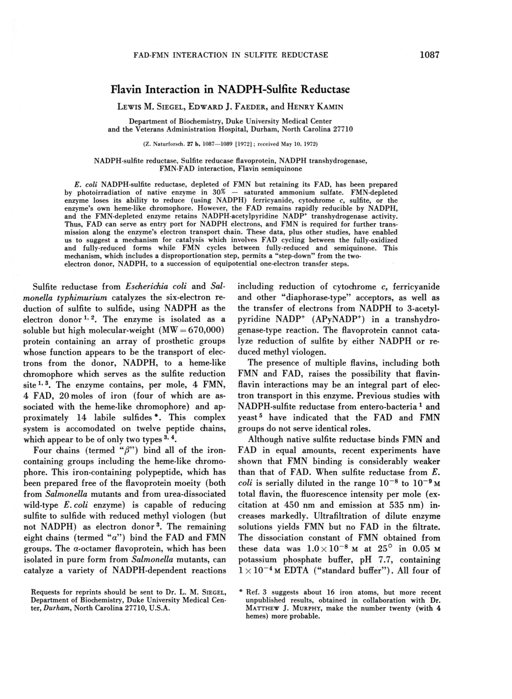 Flavin Interaction in NADPH-Sulfite Reductase