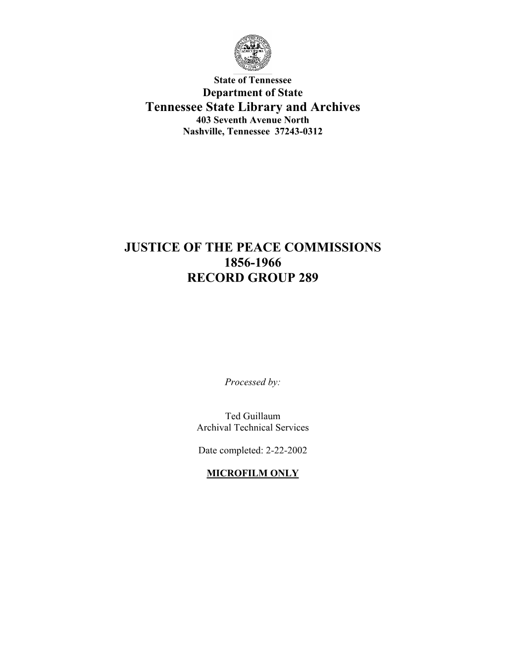 Justice of the Peace Commissions 1856-1966 Record Group 289