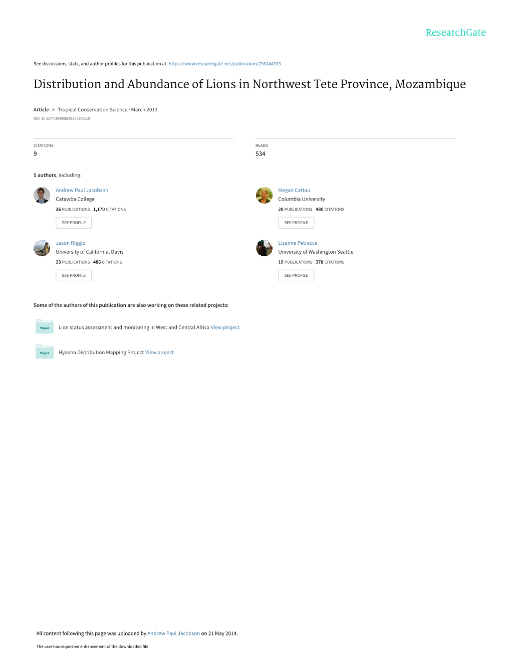 Distribution and Abundance of Lions in Northwest Tete Province, Mozambique