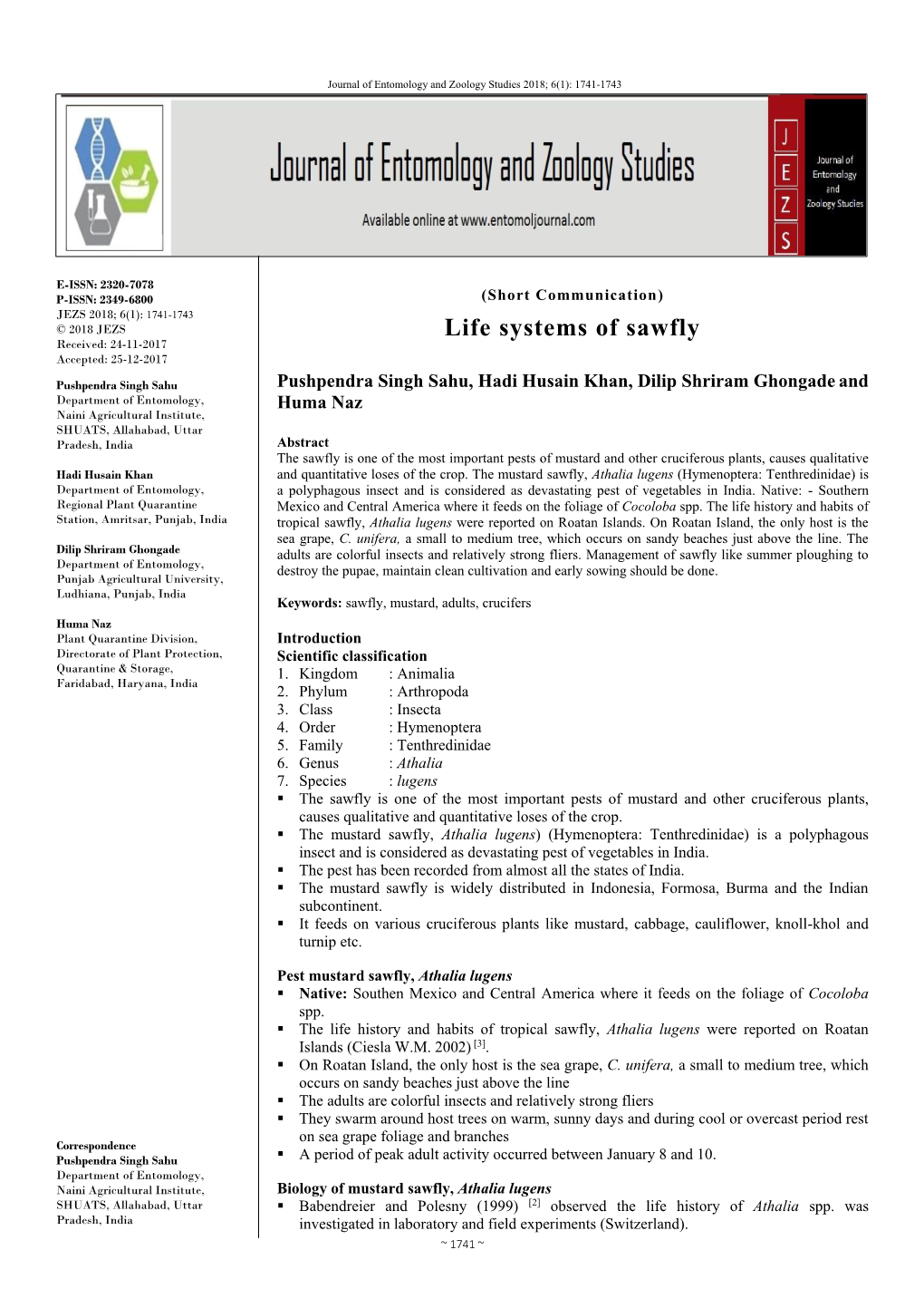 Life Systems of Sawfly Received: 24-11-2017 Accepted: 25-12-2017