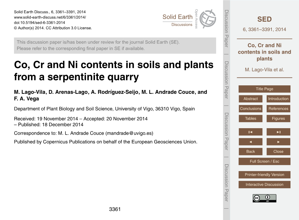 Co, Cr and Ni Contents in Soils and Plants from A