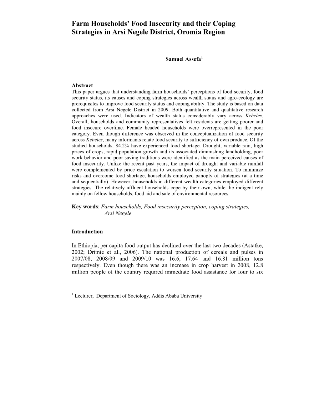 Farm Households' Food Insecurity and Their Coping Strategies in Arsi