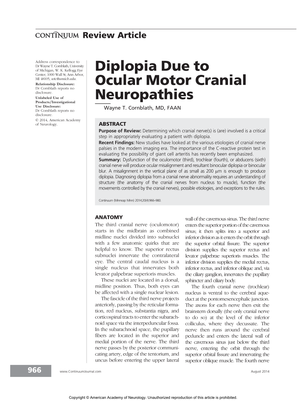 Diplopia Due to Ocular Motor Cranial Neuropathies