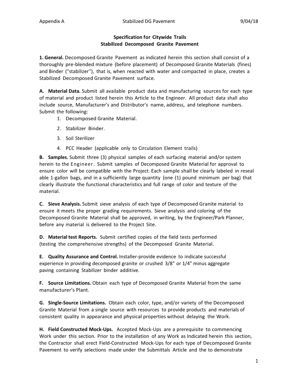 Appendix a Stabilized DG Pavement 9/04/18 1 Specification for Citywide