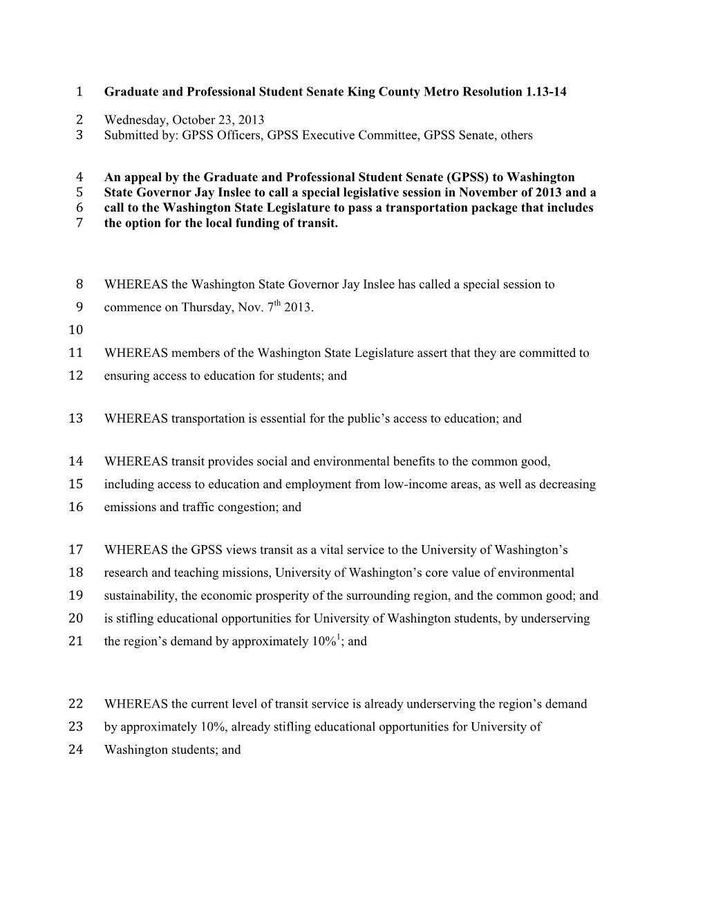 Graduate and Professional Student Senate King County Metro Resolution 1.13-14