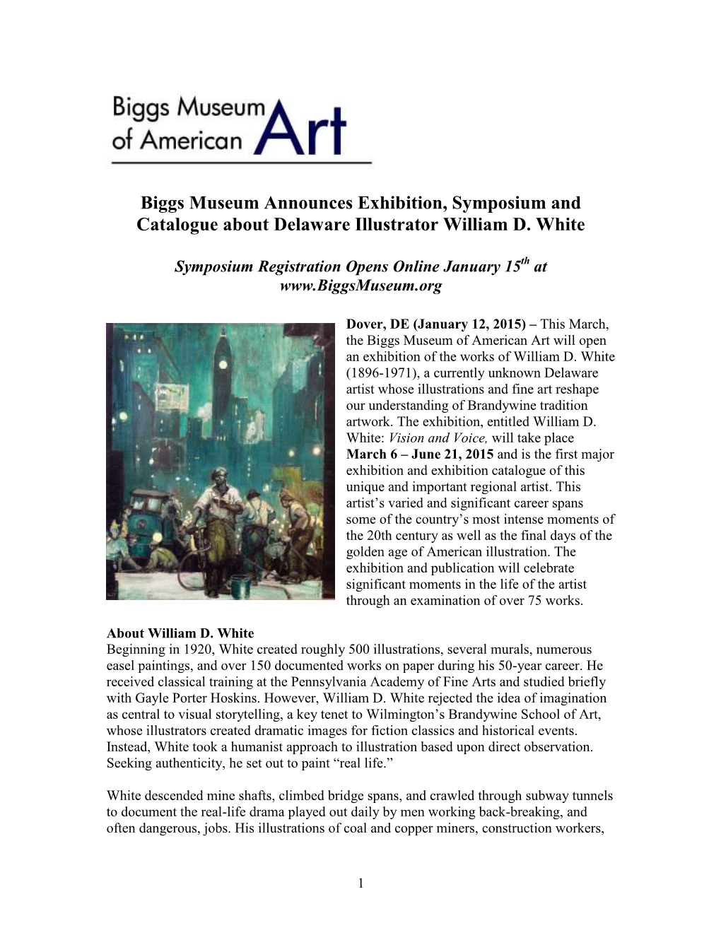 January 12, 2015 Biggs Museum Announces Exhibition, Symposium