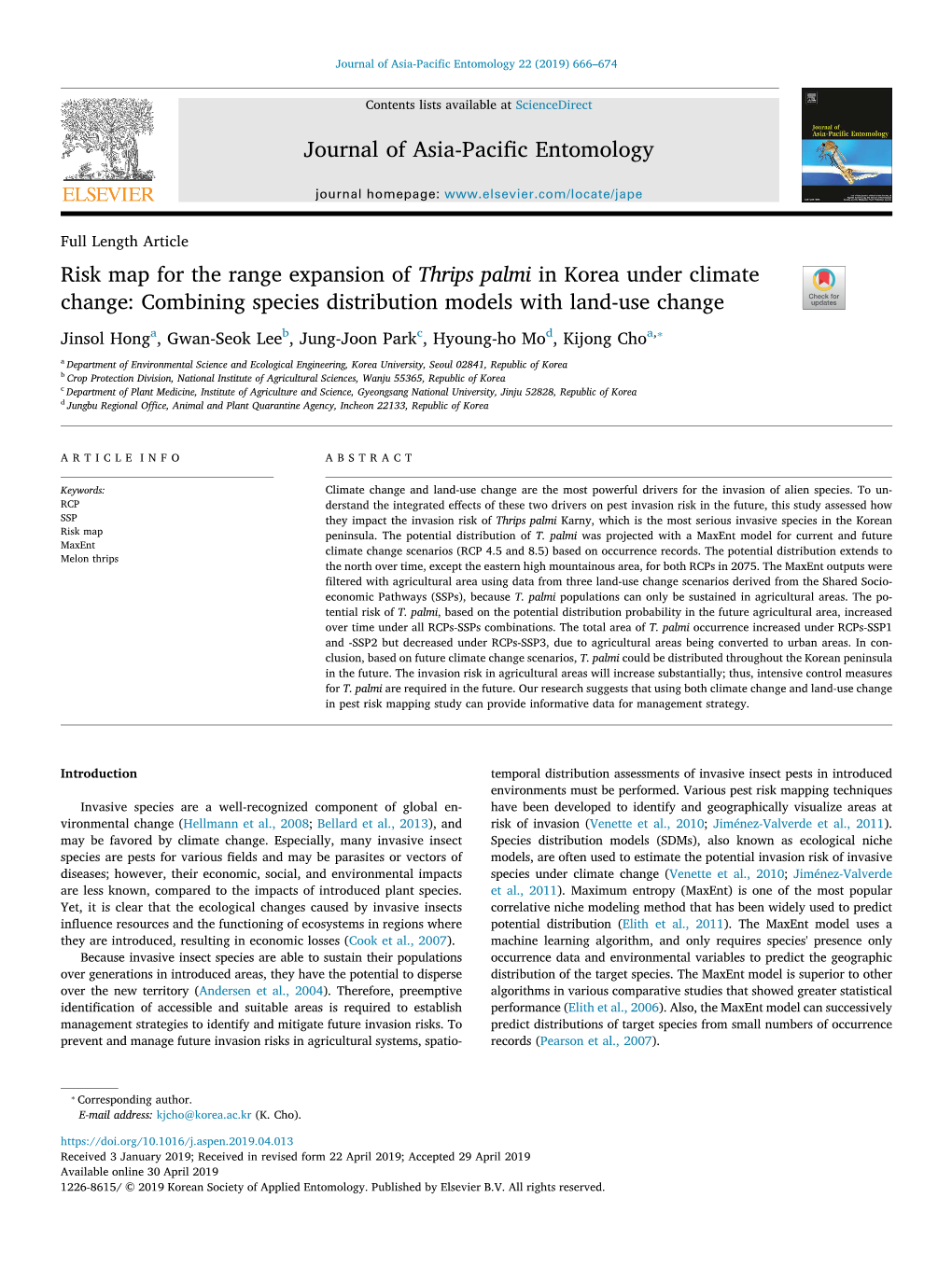 Risk Map for the Range Expansion of Thrips Palmi in Korea Under Climate Change Combining Species Distribution Models with Land