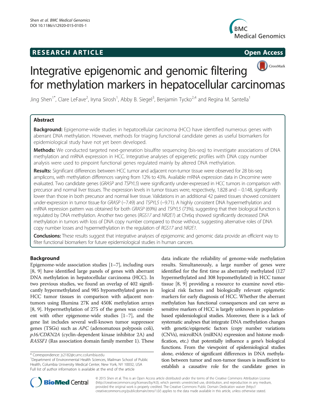 Integrative Epigenomic and Genomic Filtering for Methylation Markers in Hepatocellular Carcinomas Jing Shen1*, Clare Lefave2, Iryna Sirosh1, Abby B