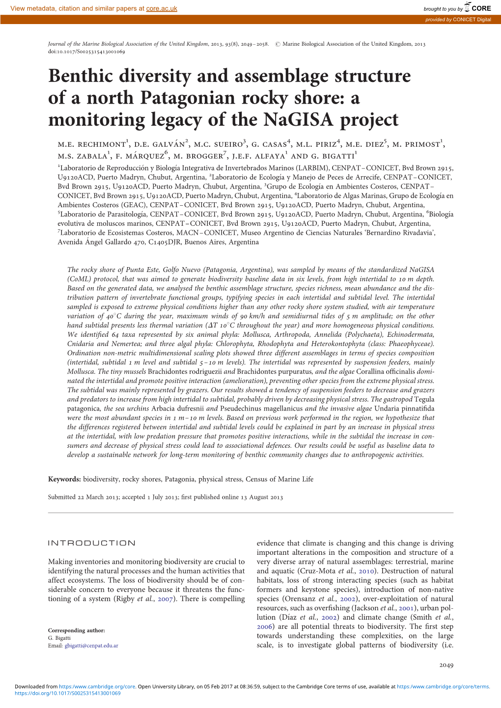 Benthic Diversity and Assemblage Structure of a North Patagonian Rocky Shore: a Monitoring Legacy of the Nagisa Project M.E