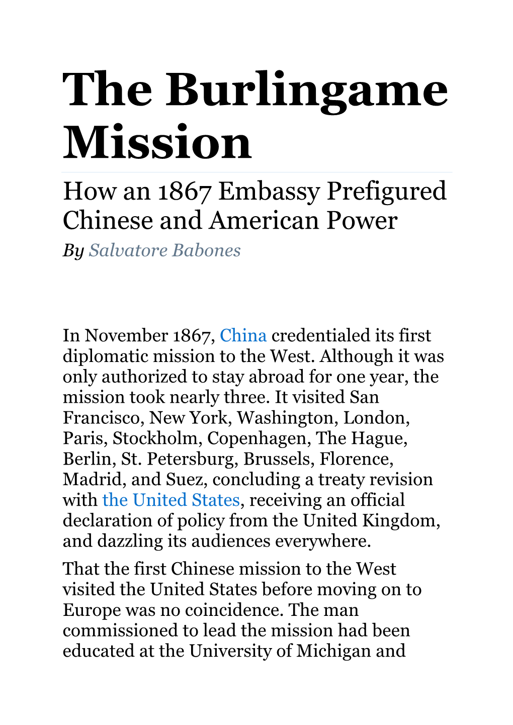 The Burlingame Mission How an 1867 Embassy Prefigured Chinese and American Power by Salvatore Babones