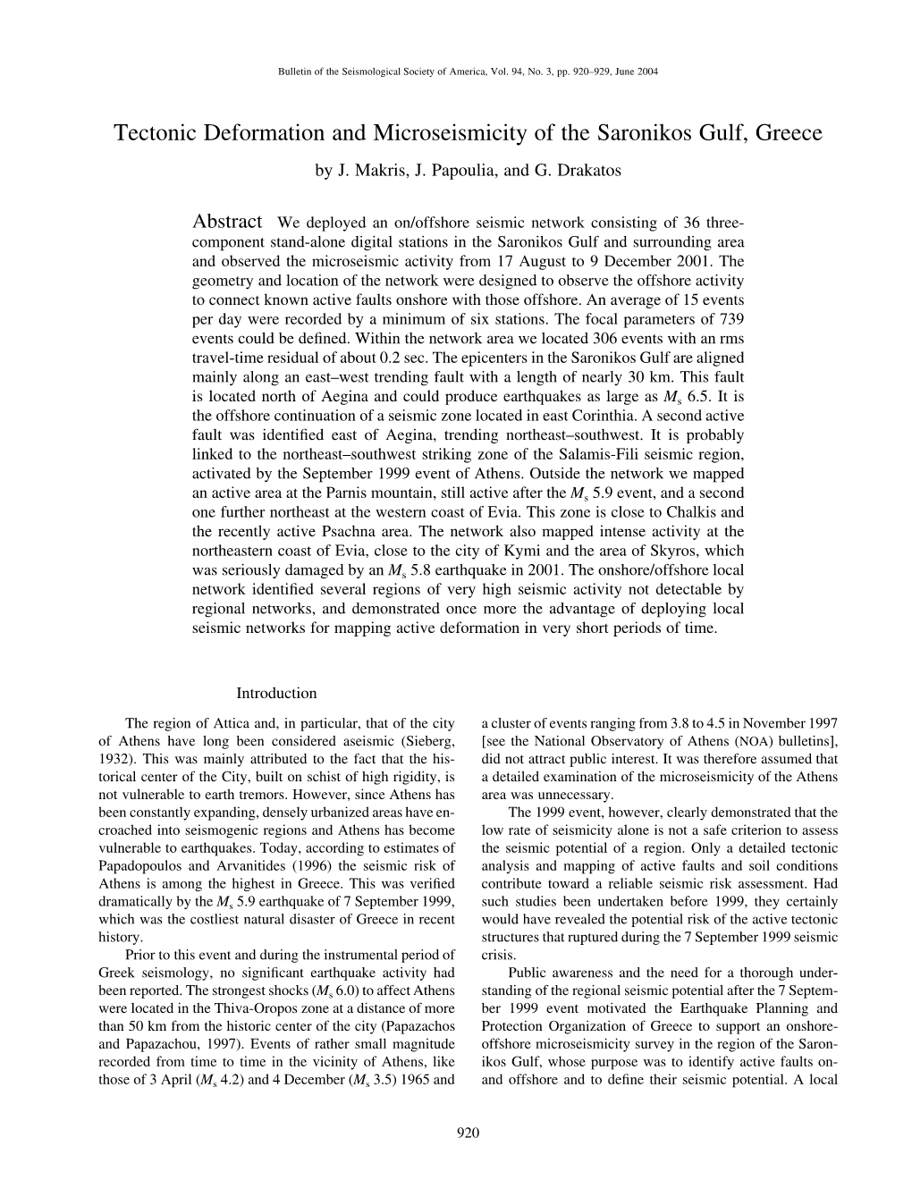 Tectonic Deformation and Microseismicity of the Saronikos Gulf, Greece by J