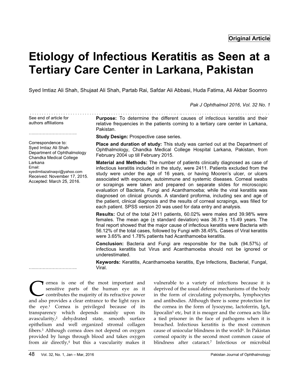 Etiology of Infectious Keratitis As Seen at a Tertiary Care Center in Larkana, Pakistan