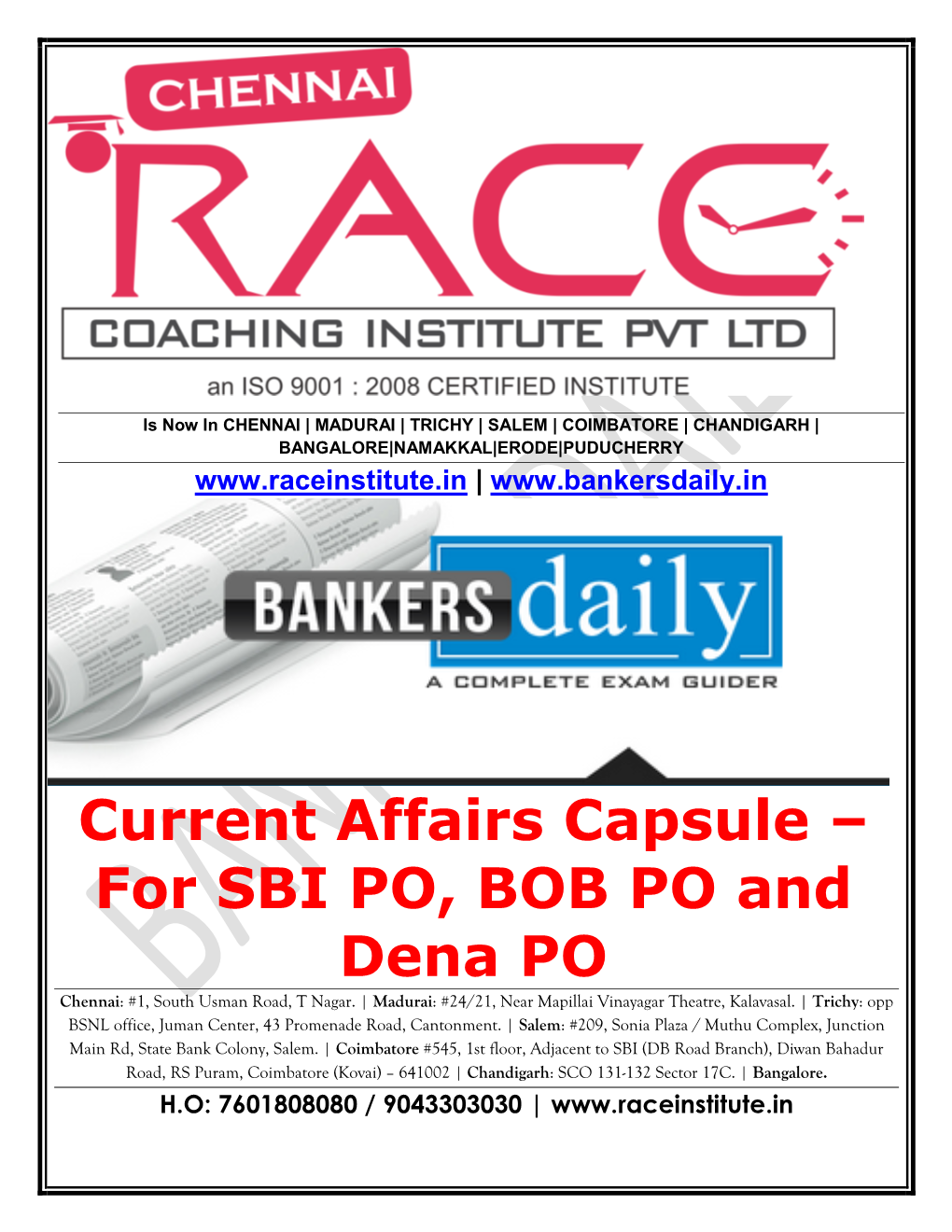 Current Affairs Capsule – for SBI PO, BOB PO and Dena PO