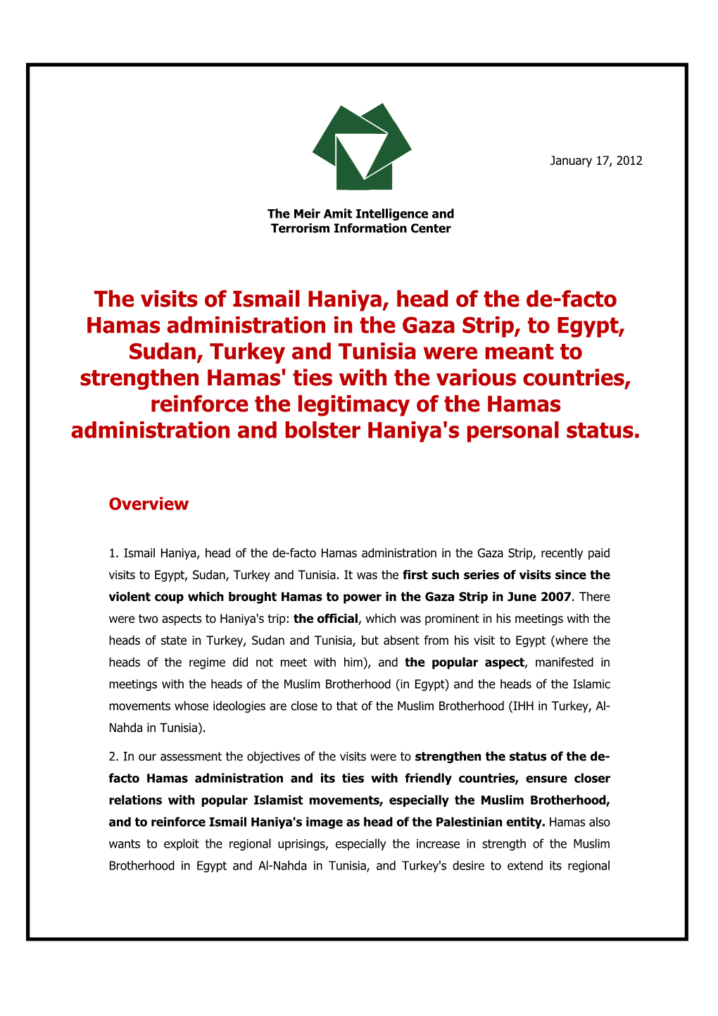 The Visits of Ismail Haniya to Egypt, Sudan, Turkey and Tunisia