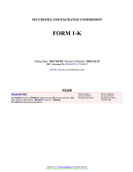 YILOLIFE INC. Form 1-K Filed 2017-05-02