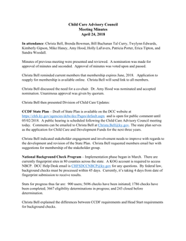 Child Care Advisory Council Meeting Minutes April 24, 2018