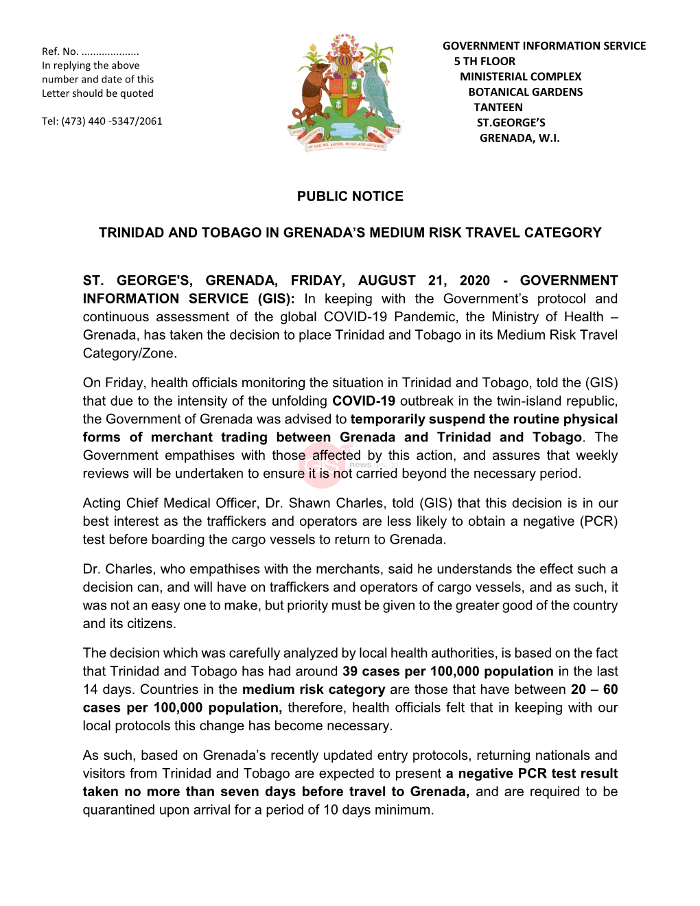 Public Notice Trinidad and Tobago in Grenada's Medium