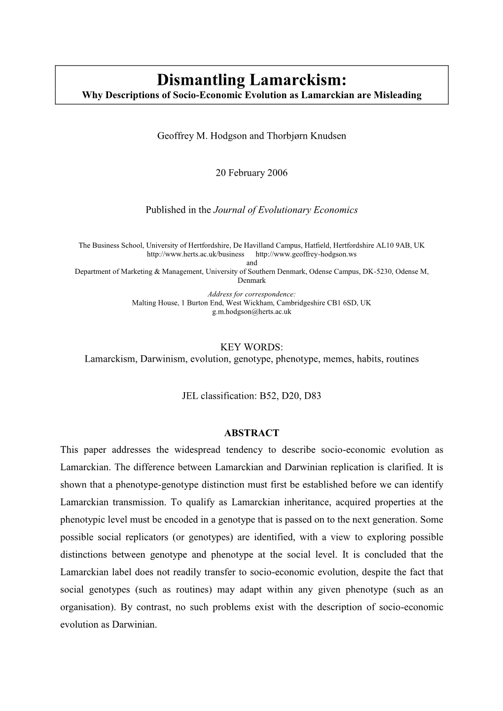 Dismantling Lamarckism: Why Descriptions of Socio-Economic Evolution As Lamarckian Are Misleading