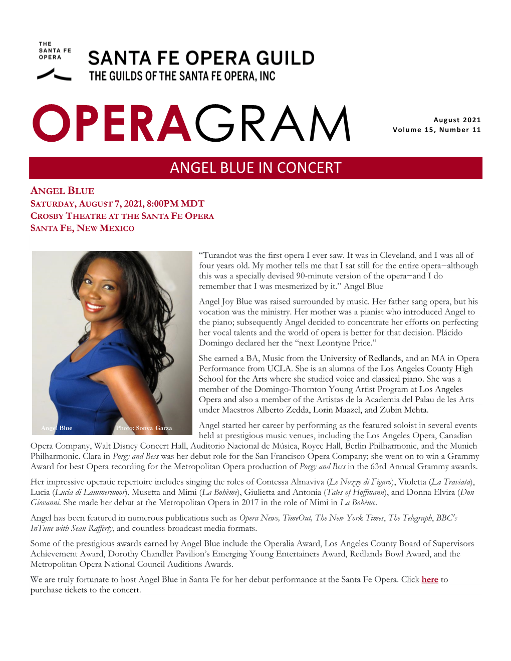 August 2021 OPERAGRAM Volume 15, Number 11 ANGEL BLUE in CONCERT