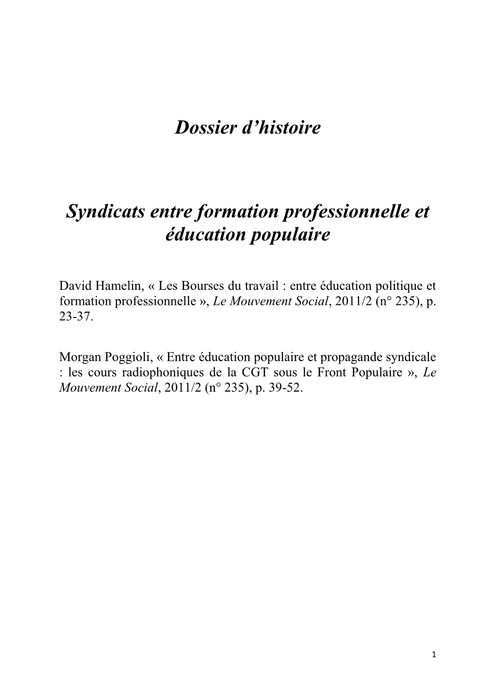 Dossier D'histoire Syndicats Entre Formation Professionnelle Et