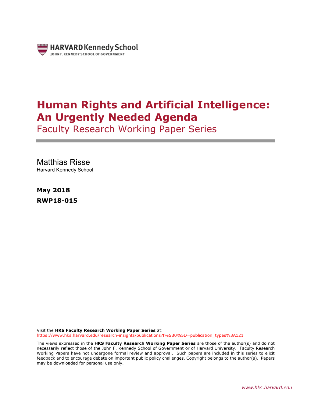 Human Rights and Artificial Intelligence: an Urgently Needed Agenda Faculty Research Working Paper Series