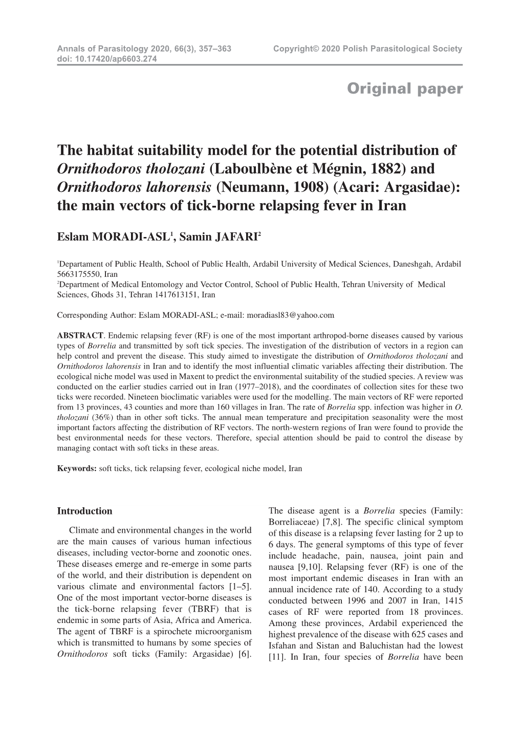 Original Paper the Habitat Suitability Model for the Potential Distribution