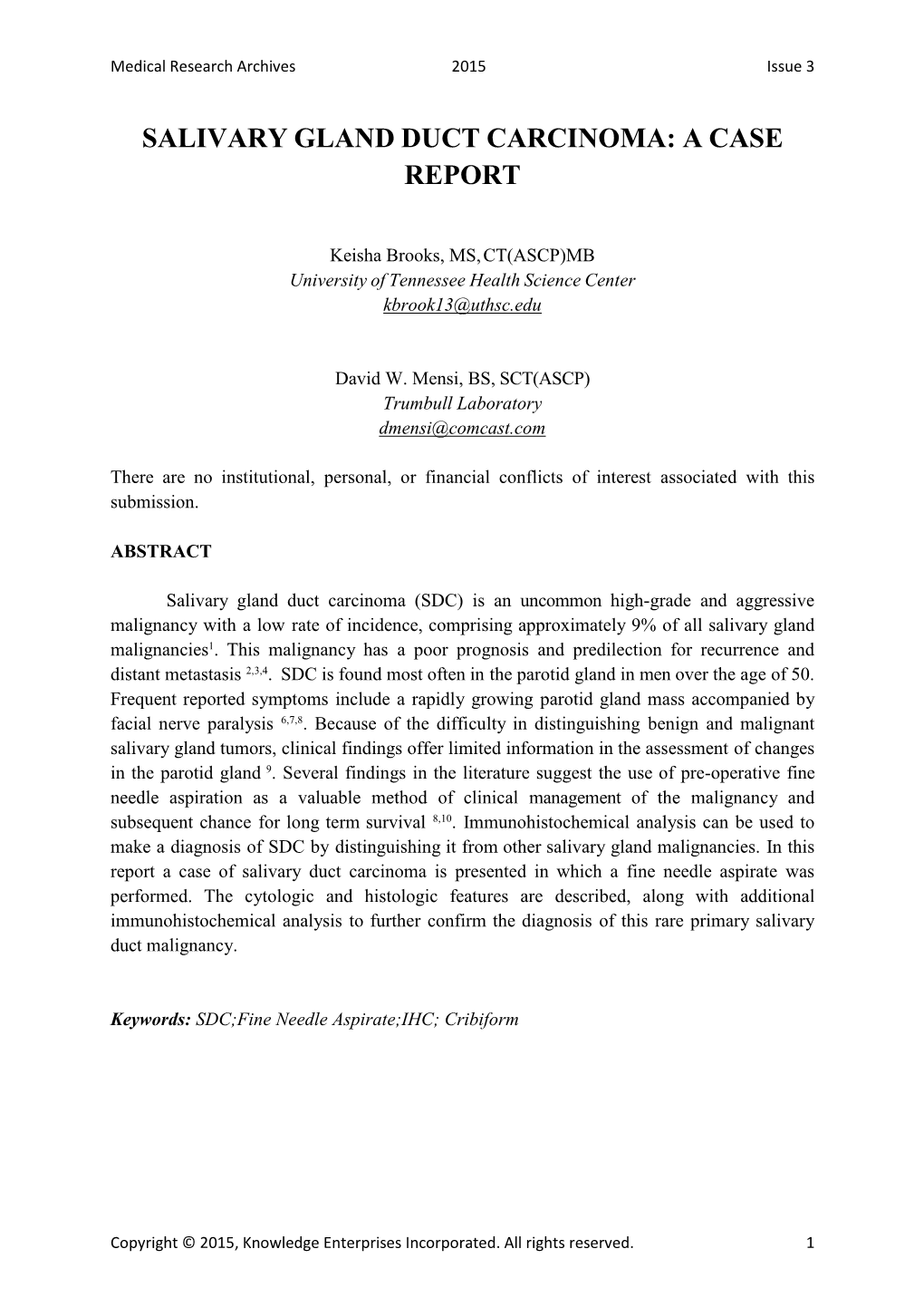 Salivary Gland Duct Carcinoma: a Case Report