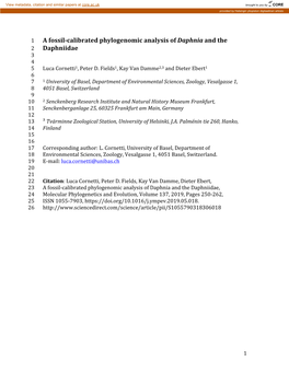 A Fossil-Calibrated Phylogenomic Analysis of Daphnia and the 2 Daphniidae 3 4 5 Luca Cornetti1, Peter D