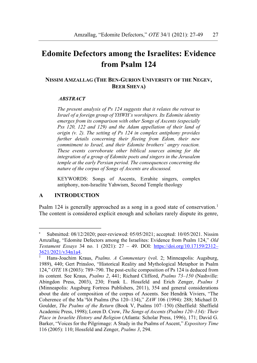 Edomite Defectors Among the Israelites: Evidence from Psalm 124