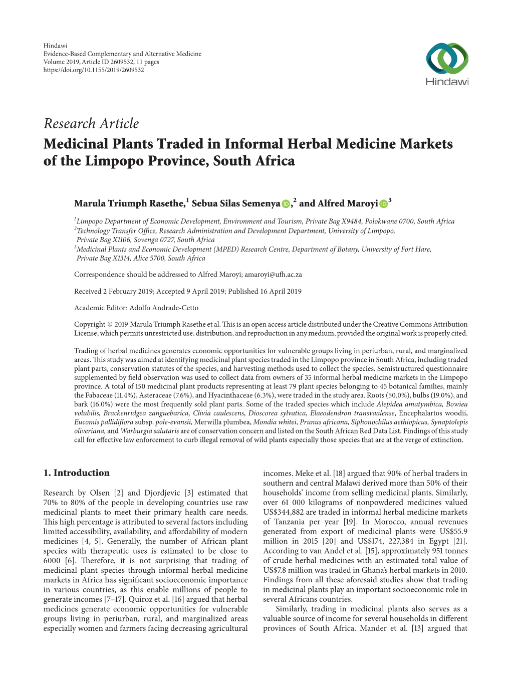 Medicinal Plants Traded in Informal Herbal Medicine Markets of the Limpopo Province, South Africa