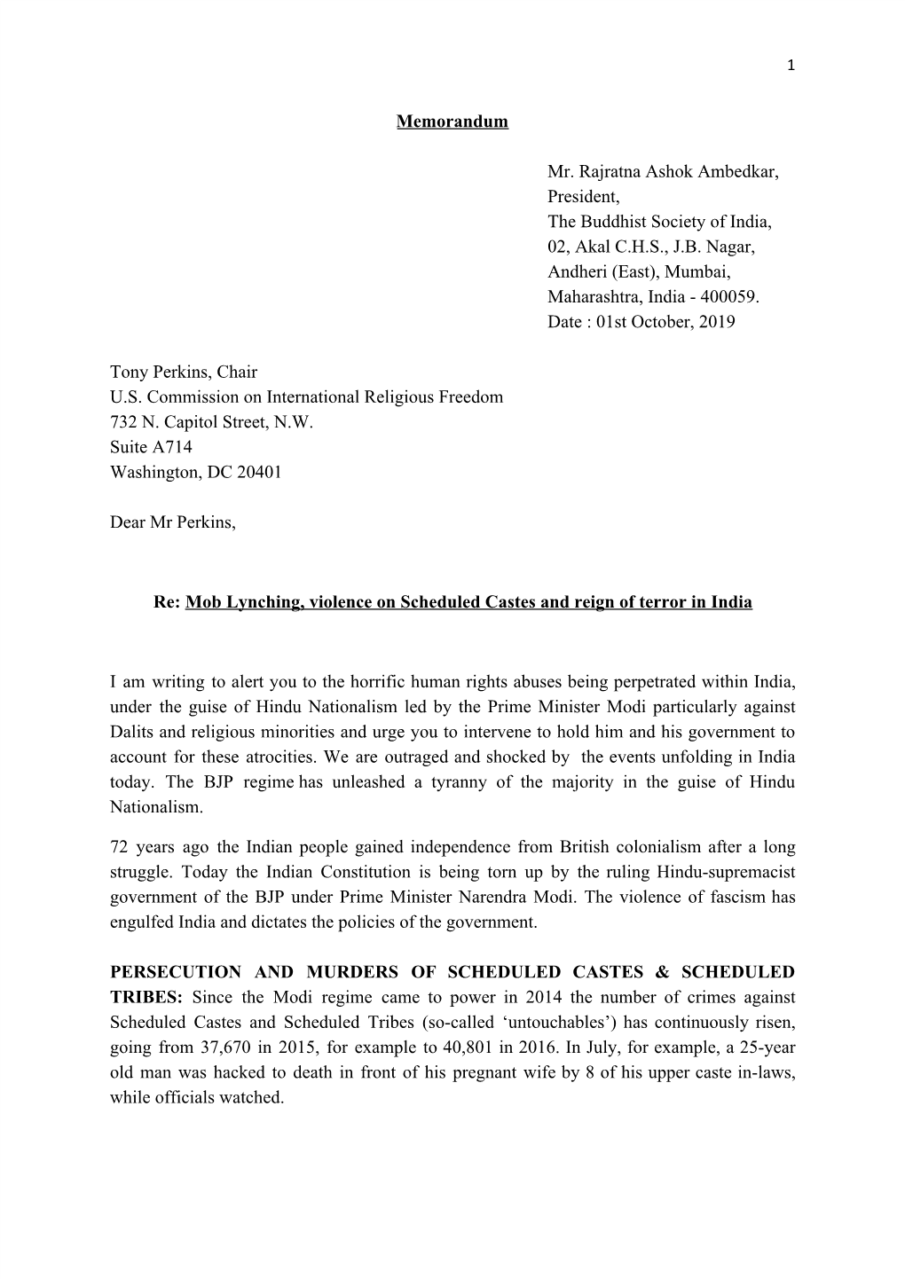 Memorandum Mr. Rajratna Ashok Ambedkar