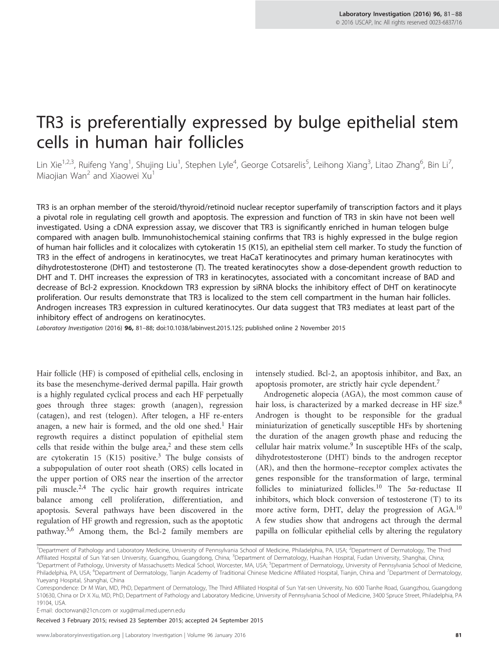 TR3 Is Preferentially Expressed by Bulge Epithelial Stem Cells in Human