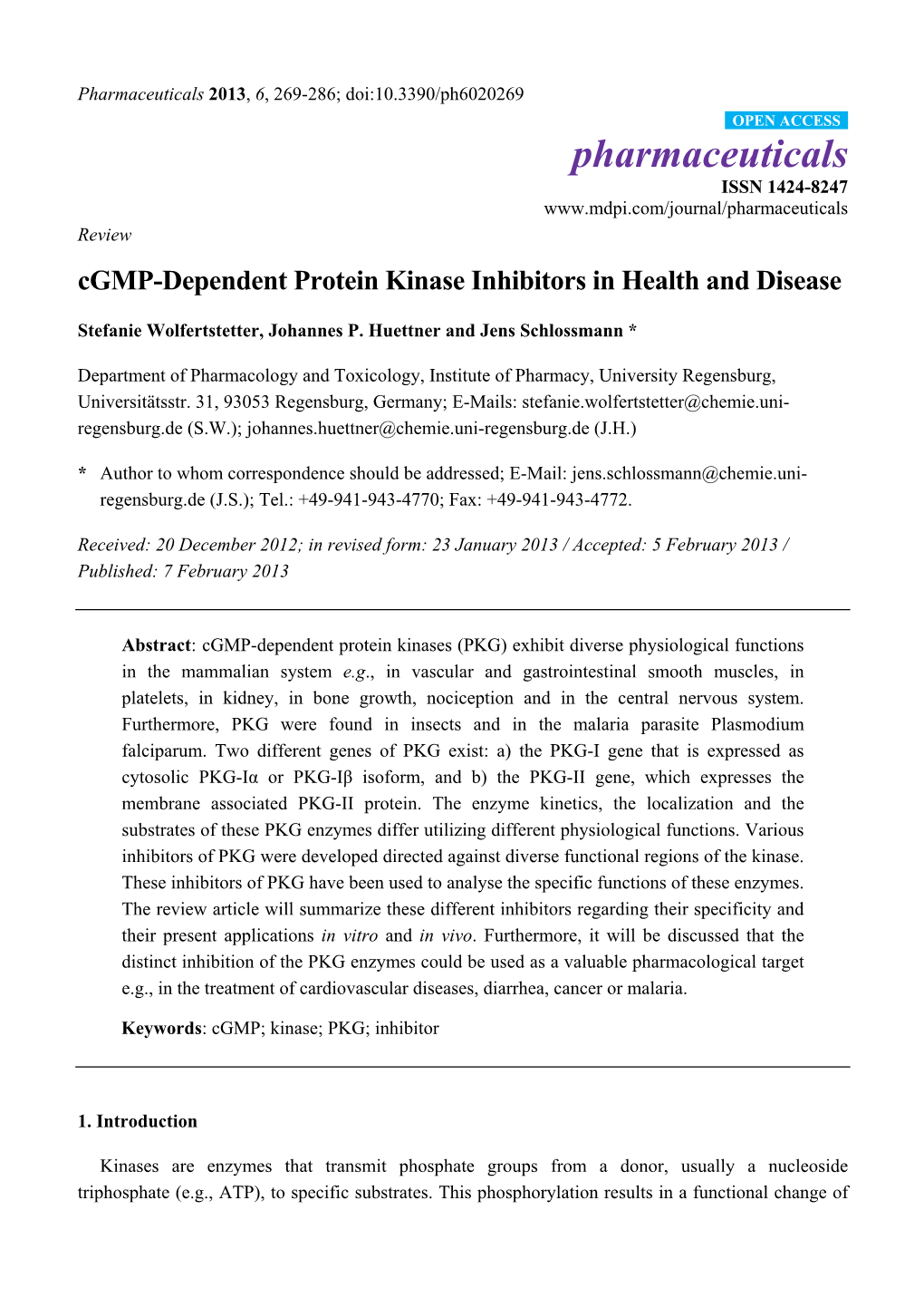 Cgmp-Dependent Protein Kinase Inhibitors in Health and Disease