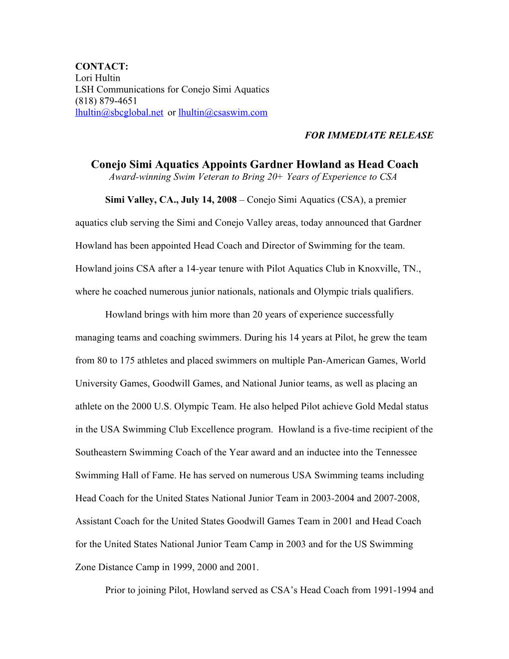 Conejo Simi Aquatics Appoints Gardner Howland As Head Coach