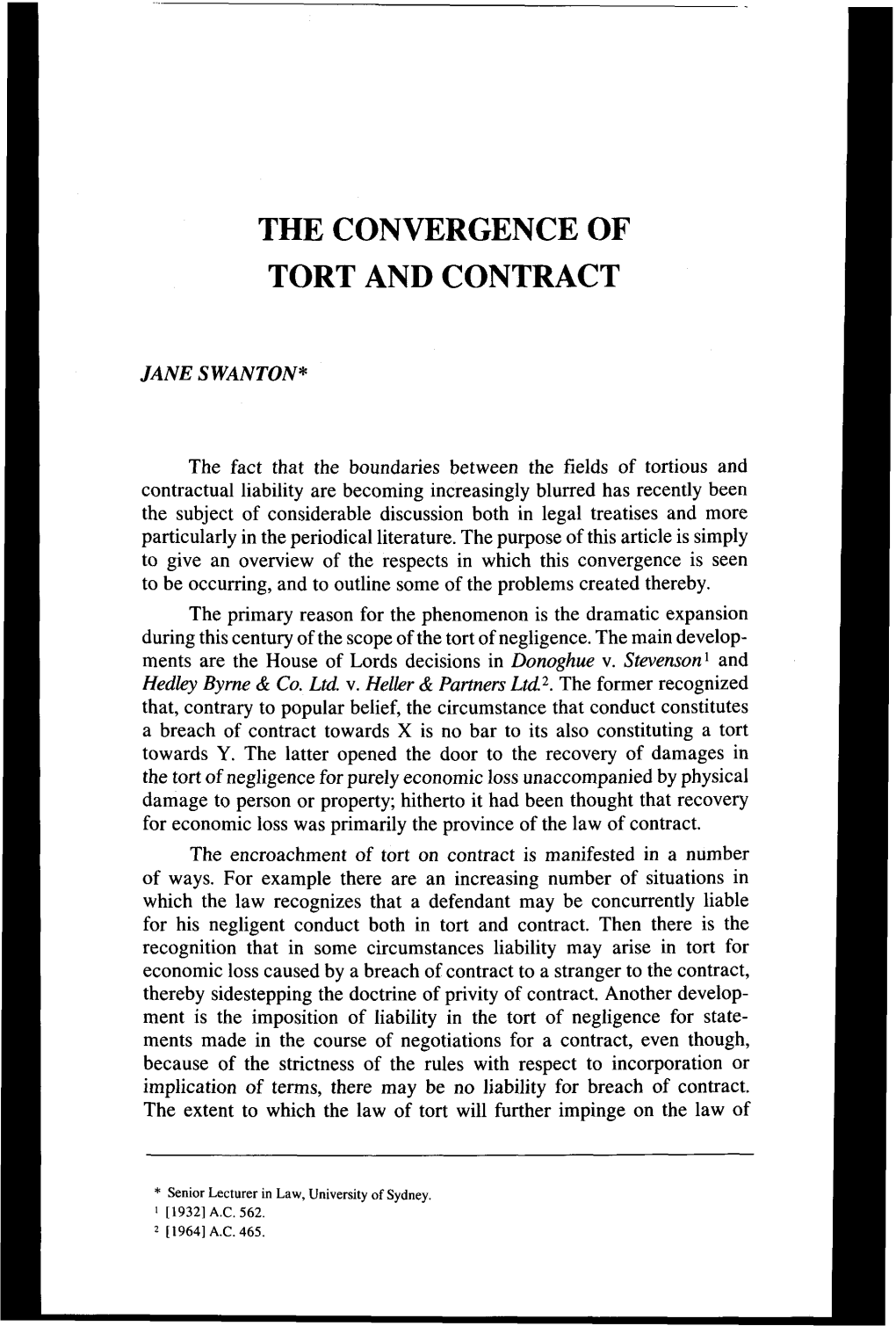 The Convergence of Tort and Contract