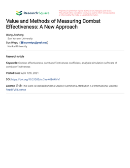 Value and Methods of Measuring Combat Effectiveness: a New Approach