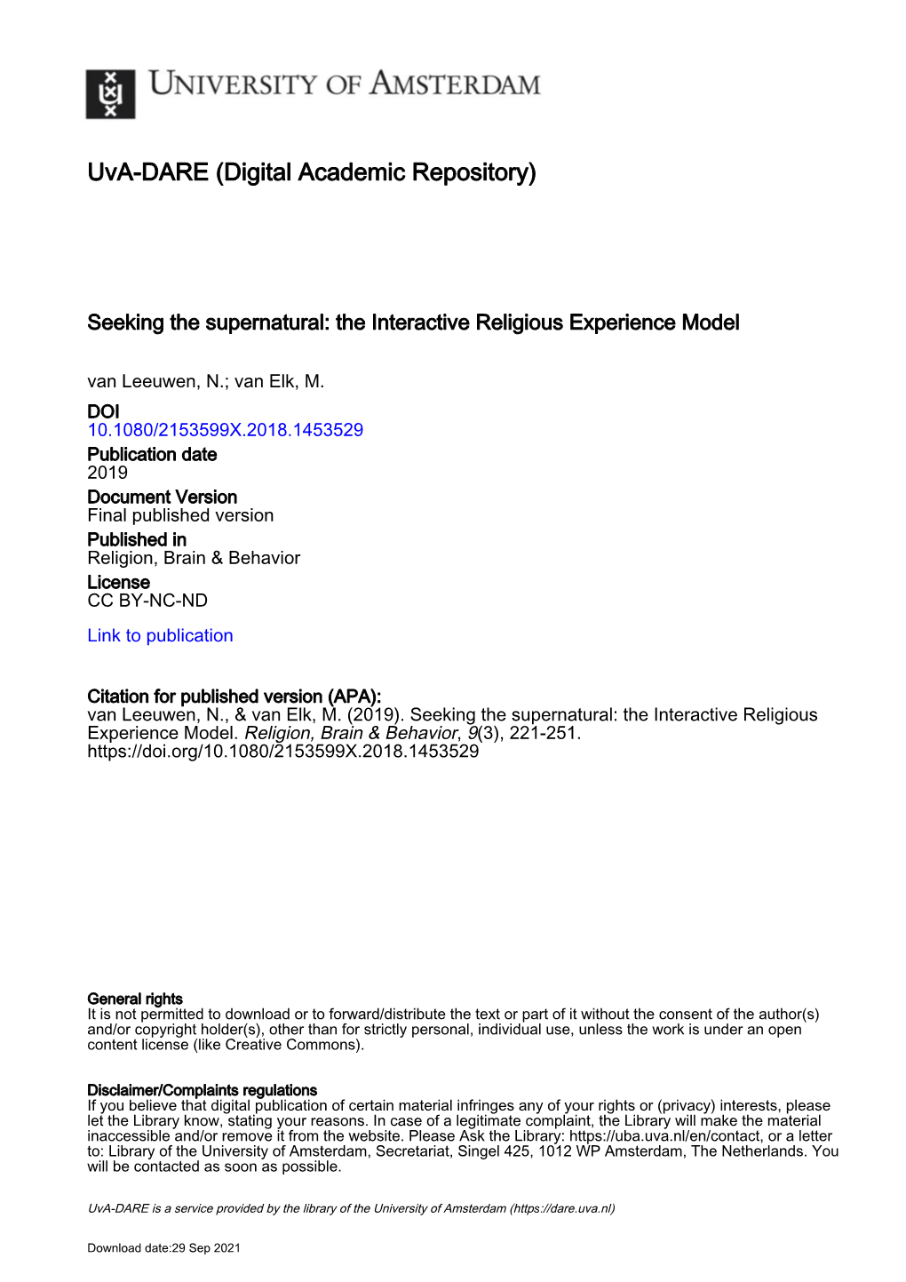 Seeking the Supernatural: the Interactive Religious Experience Model Van Leeuwen, N.; Van Elk, M