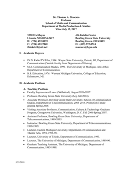 Dr. Thomas A. Mascaro Professor School of Media and Communication Department of Media Production & Studies Vitae July 13, 2017