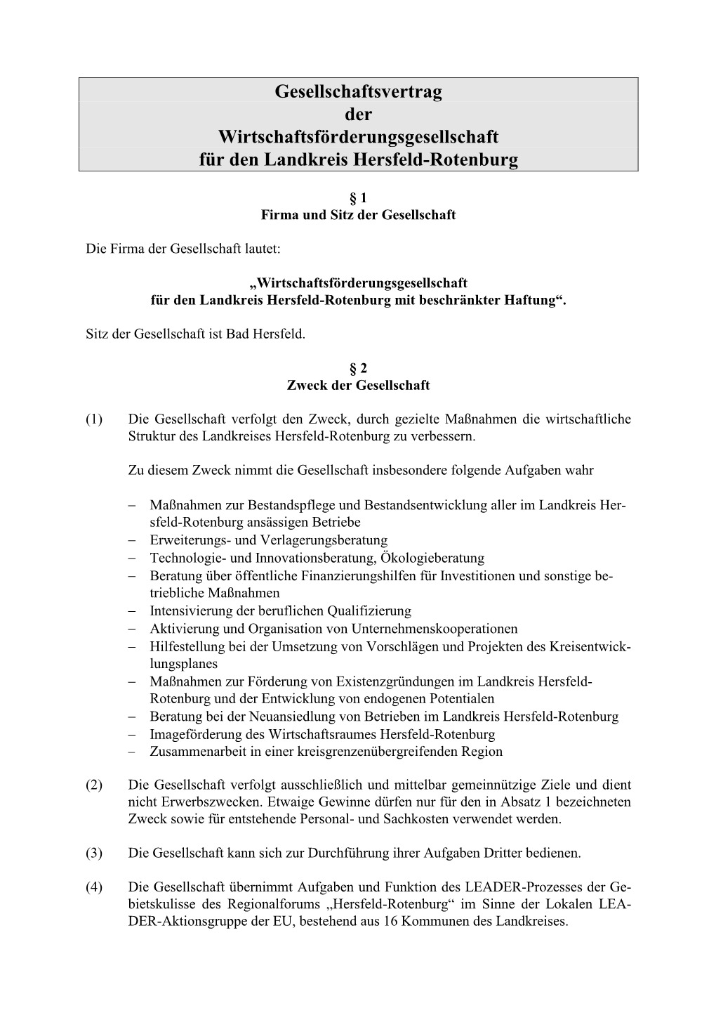 Gesellschaftsvertrag Der Wirtschaftsförderungsgesellschaft Für Den Landkreis Hersfeld-Rotenburg