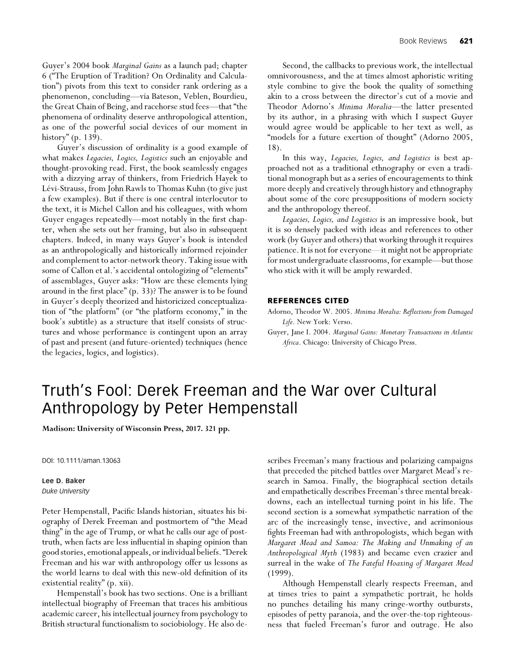 Derek Freeman and the War Over Cultural Anthropology By 