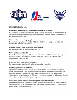 GREENSBORO SWARM Faqs 1. Where Will the Hornets NBA