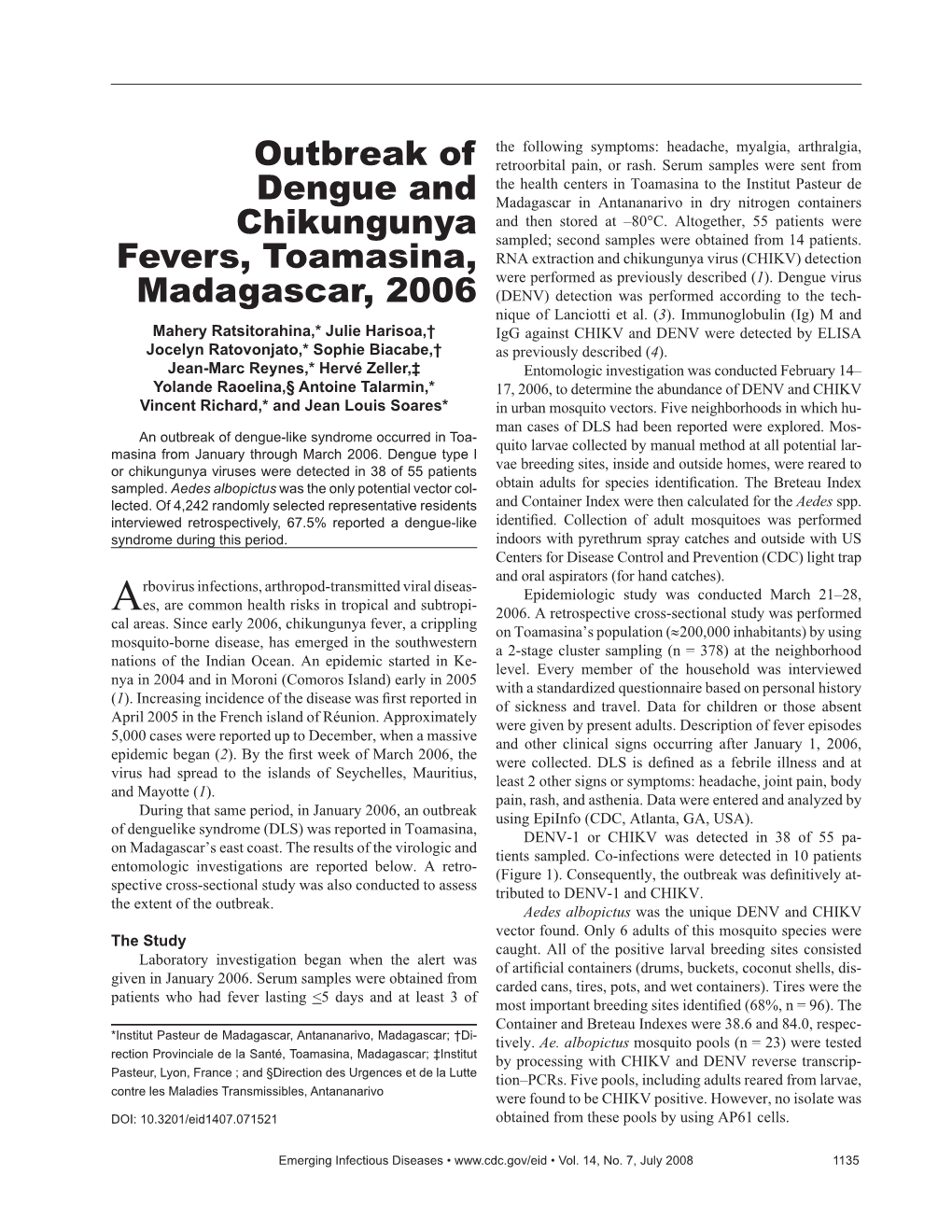Outbreak of Dengue and Chikungunya Fevers, Toamasina