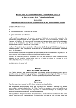 Accord Entre Le Conseil Fédéral De La Confédération Suisse Et Le