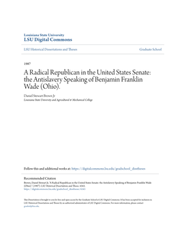 A Radical Republican in the United States Senate: the Antislavery Speaking of Benjamin Franklin Wade (Ohio)