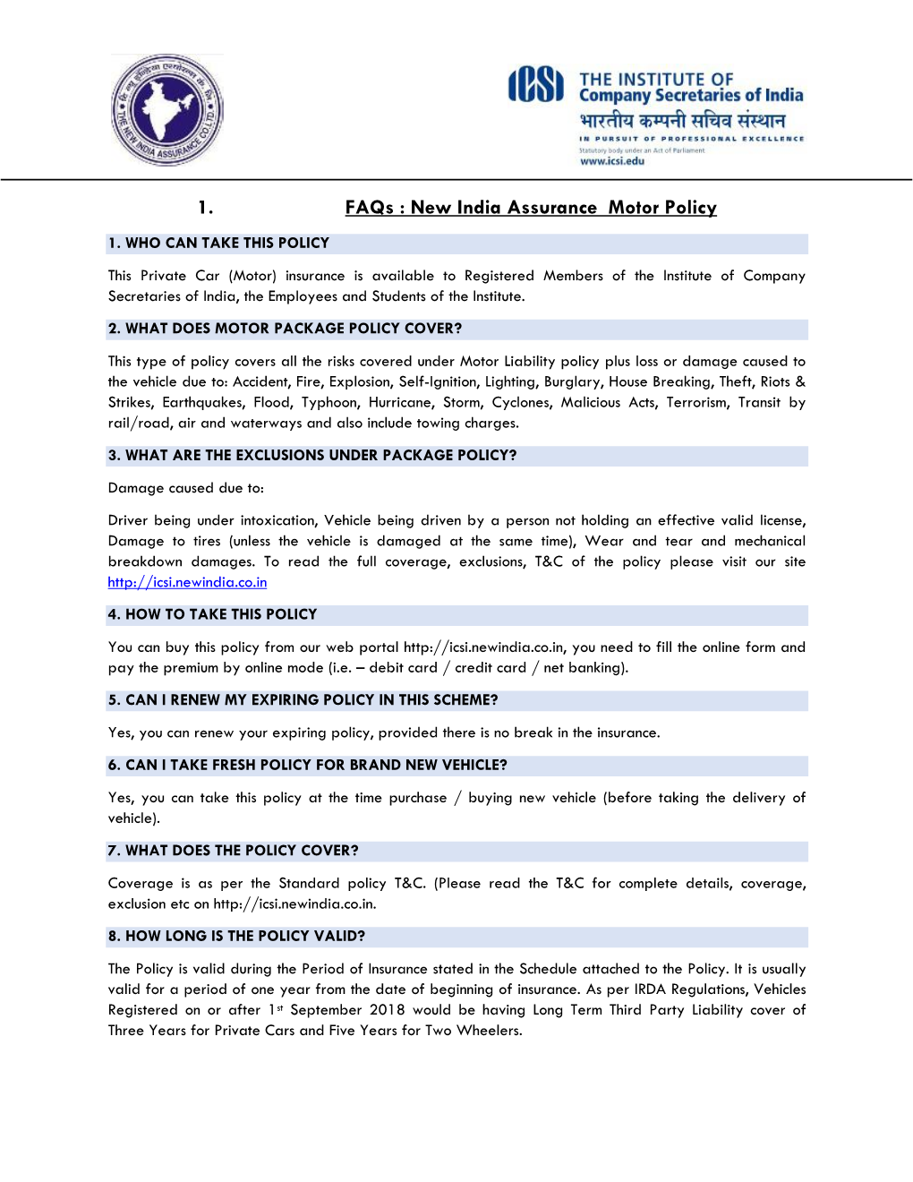 1. Faqs : New India Assurance Motor Policy